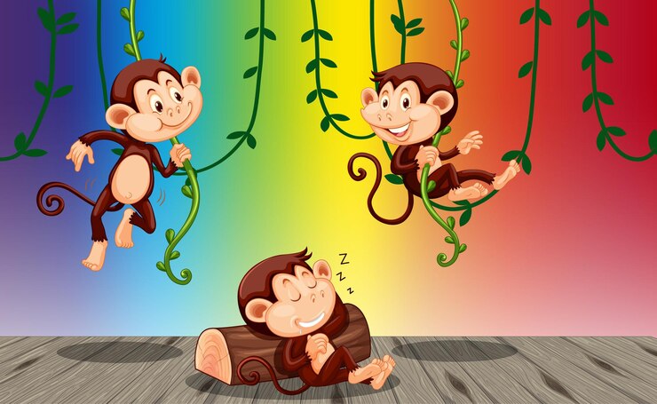 monkeys-hanging-liana-rainbow-gradient-background_1308-74978